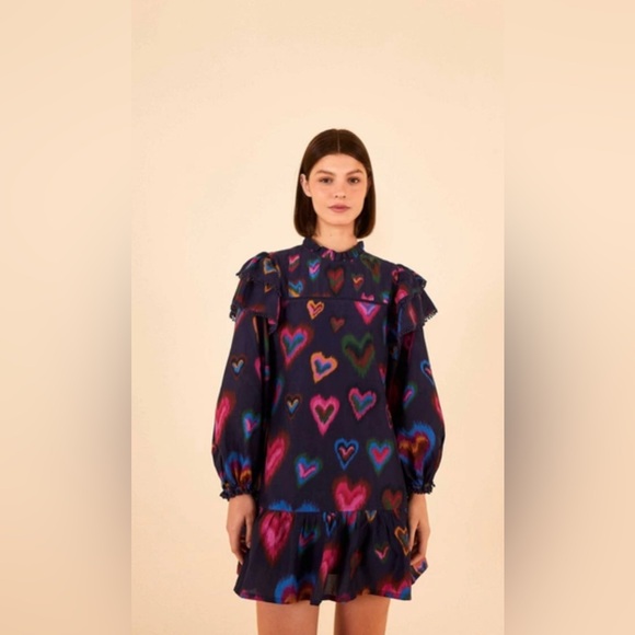 FARM Rio Dresses & Skirts - NWT Anthropologie FARM RIO Ruffled Mock Neck Navy Ikat Dyed Hearts Mini Dress XL